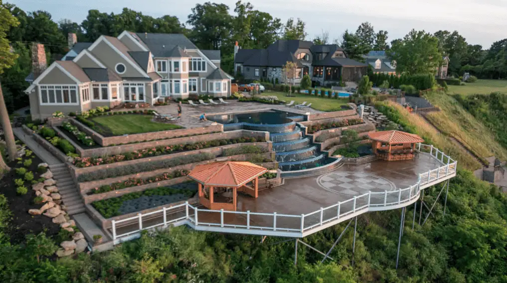 Modern outdoor deck with built-in seating and pergola by DreamDecks in Northeast Ohio